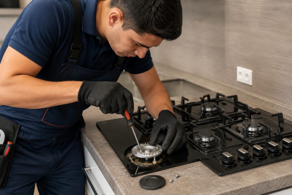 Técnico especializado reparando una estufa a gas en Medellín