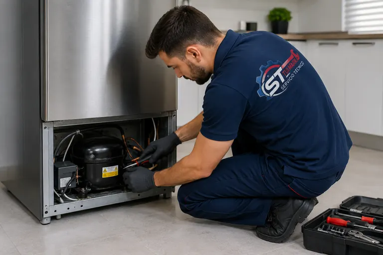 técnico reparando nevera vertical