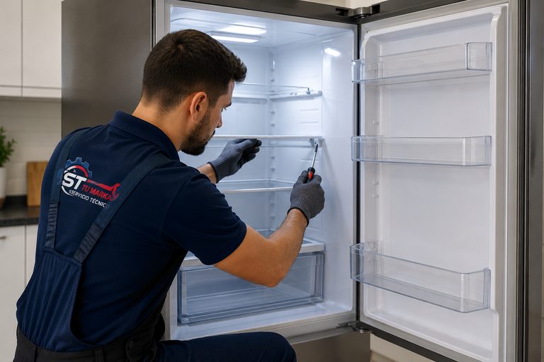 técnico haciendo mantenimiento a una nevera